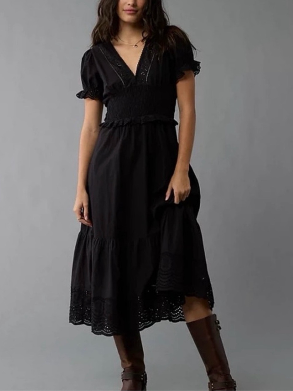 AE Outfitters Black Eyelet Trim Smocked Waist V- Neck Cotton Midi Dress